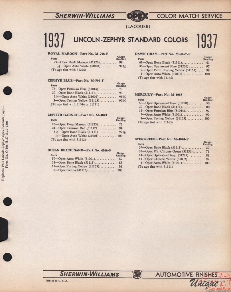 1937 Lincoln Paint Charts Williams 2